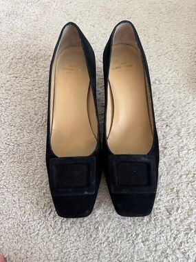 ANN MASHBURN Black Suede Square-Toe Pumps with Decorative Buckle